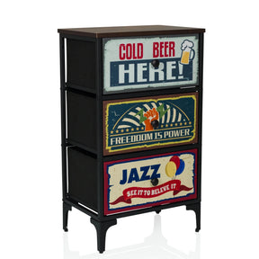 Cassettiera AMERIKO S con struttura in metallo nero e tre cassetti colorati a motivi di hjh LIVING