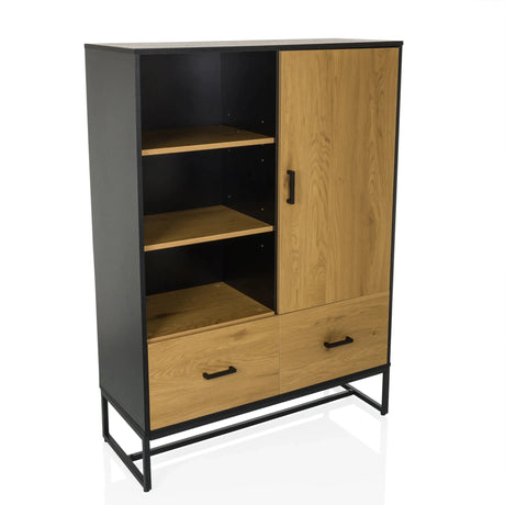 Classificatore AMIO H in nero e rovere con ripiani aperti, anta e due cassetti di hjh LIVING
