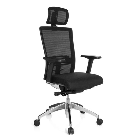 Sedia da ufficio professionale ASTRA LUX con rivestimento in rete nera, seduta in tessuto e poggiatesta di hjh OFFICE