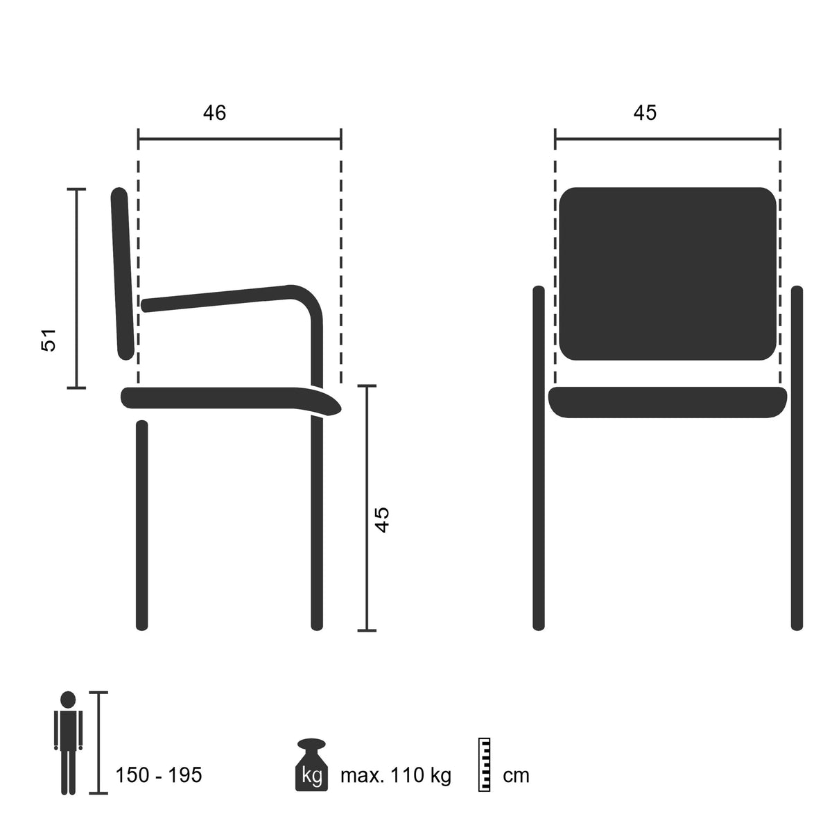 Disegno tecnico della sedia visitatore STEEL V con un'altezza della seduta di 45 cm di hjh OFFICE