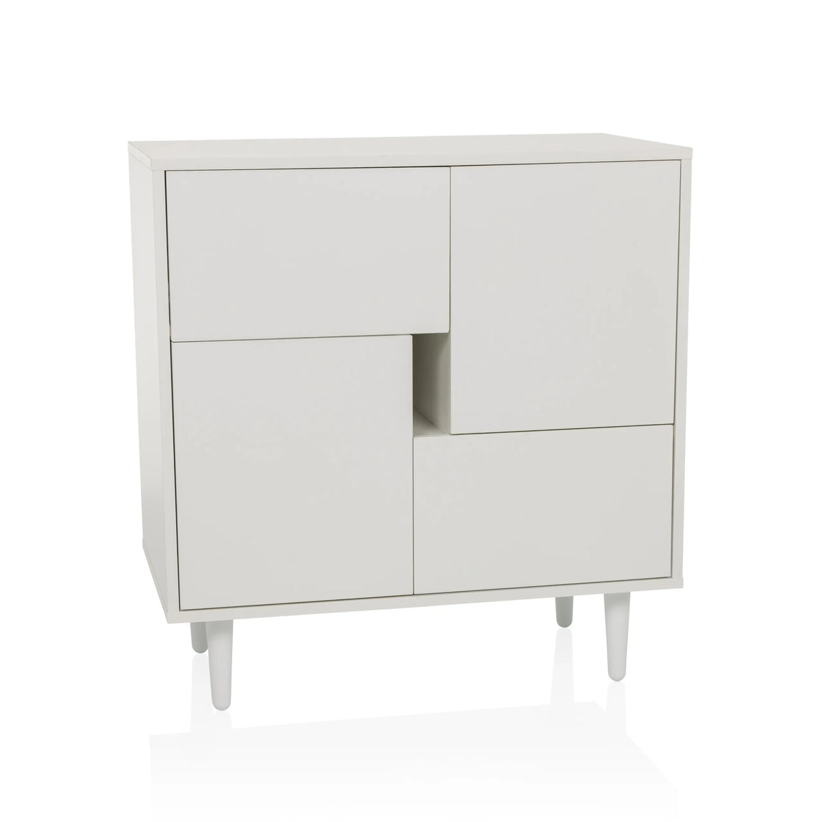 Cassettiera bianca LYKKJA con divisione frontale asimmetrica e quattro piedi di hjh LIVING – vista a 360° (vista frontale 15°)