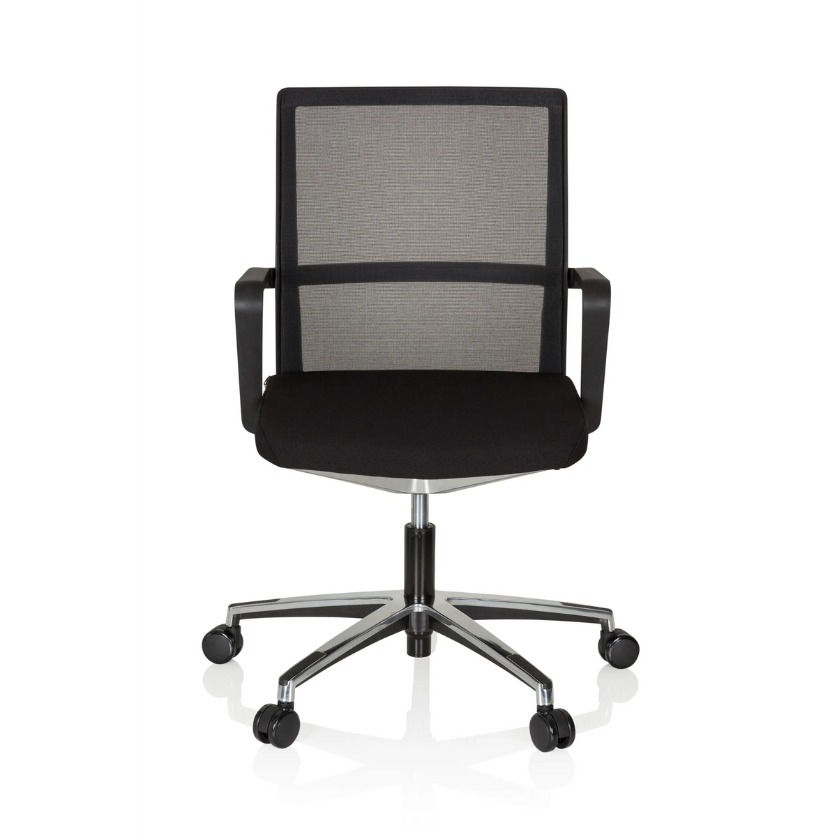 Sedia da ufficio professionale MOVE-TEC NET 3D nera con schienale in rete e base a cinque ruote di hjh OFFICE – vista a 360° (vista frontale 0°)