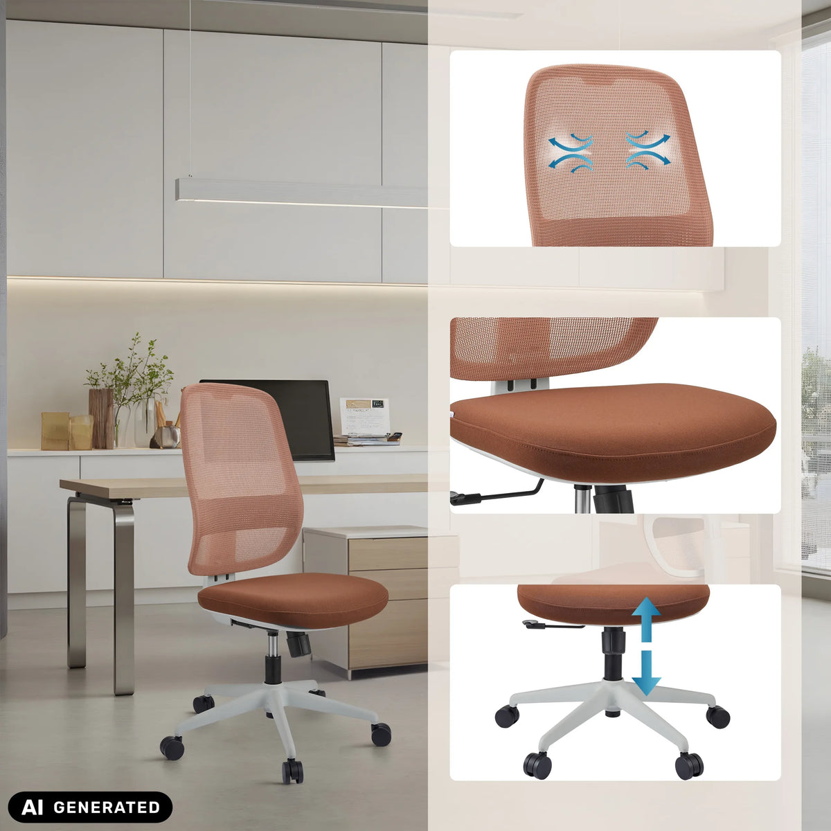 Sedia da ufficio professionale Minoro W bianco-marrone, dettagli di schienale e altezza seduta di hjh OFFICE (immagine generata dall’IA)
