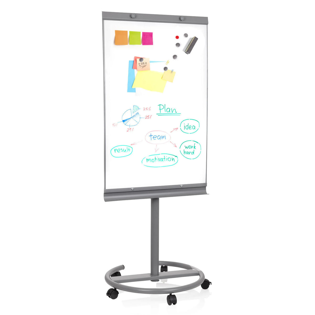 Lavagna bianca MULTIBOARD in argento con superficie scrivibile su una struttura con ruote di hjh OFFICE