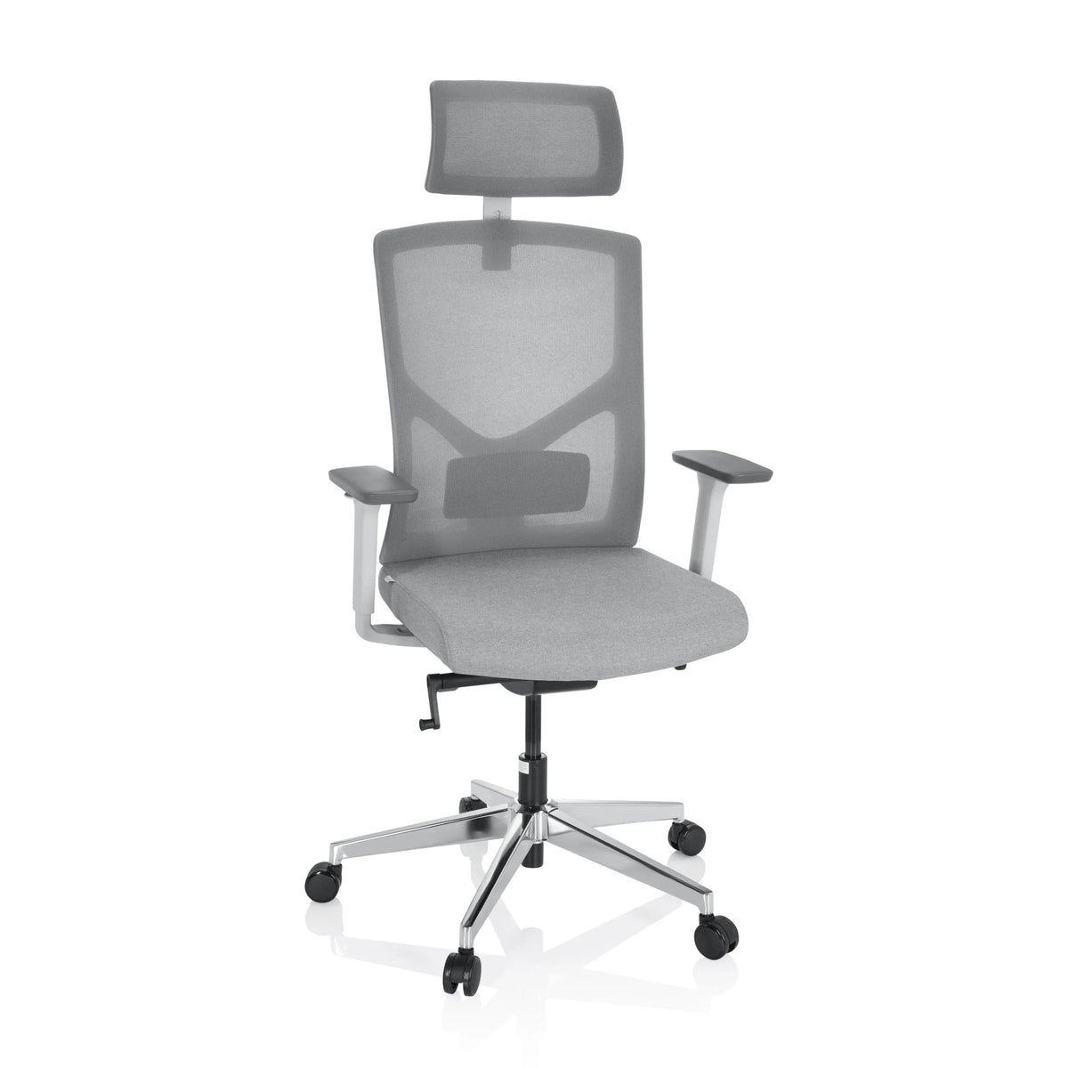 Sedia da ufficio professionale BRETON PRO W grigia con schienale in rete, poggiatesta e base a cinque ruote di hjh OFFICE – vista a 360° (vista frontale 20°)