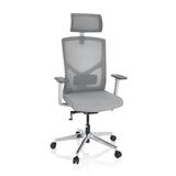 Sedia da ufficio professionale BRETON PRO W grigia con schienale in rete, poggiatesta e base a cinque ruote di hjh OFFICE – vista a 360° (vista frontale 20°)