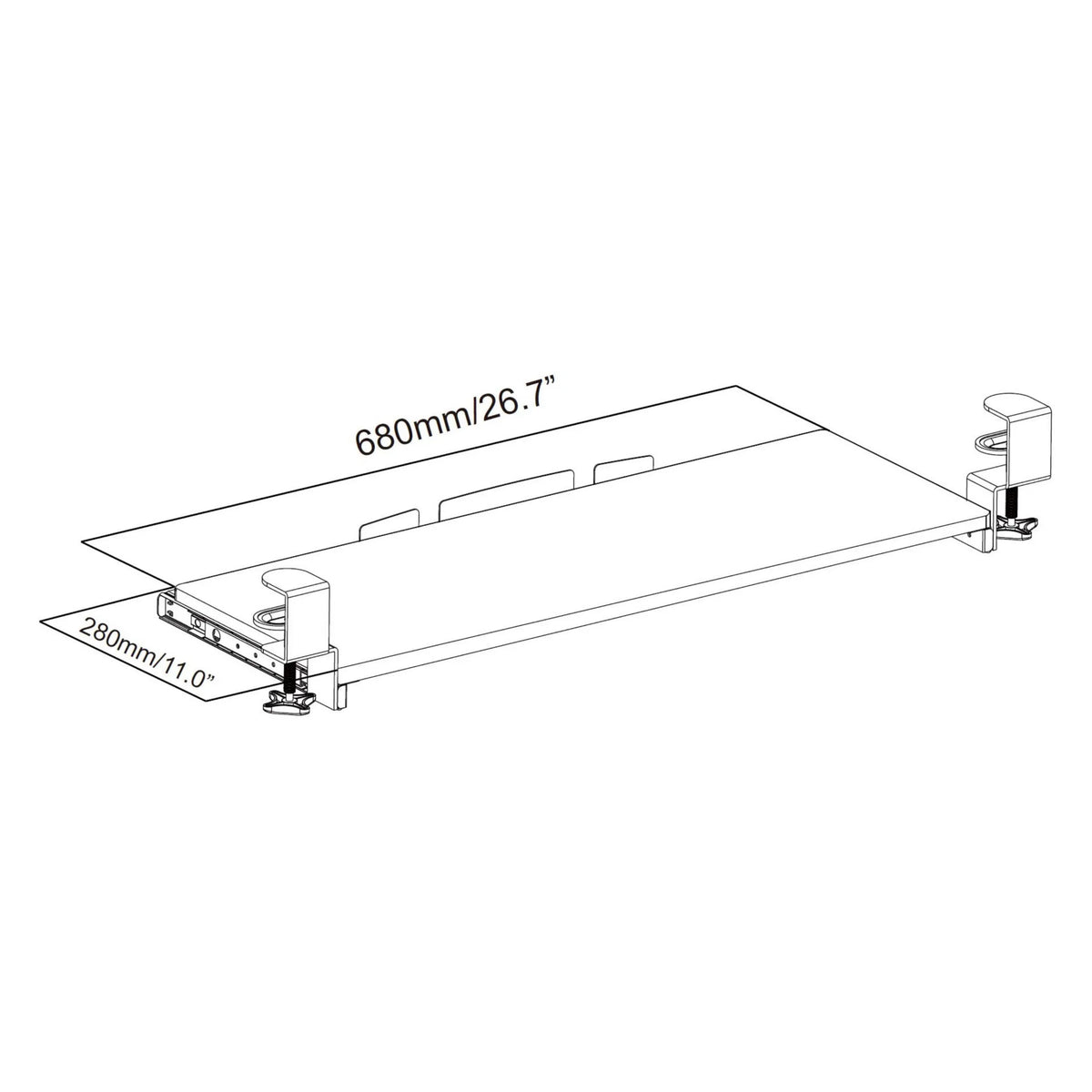 Disegno tecnico del Vassoio per tastiera VM-KB con 680 × 280 mm di hjh OFFICE