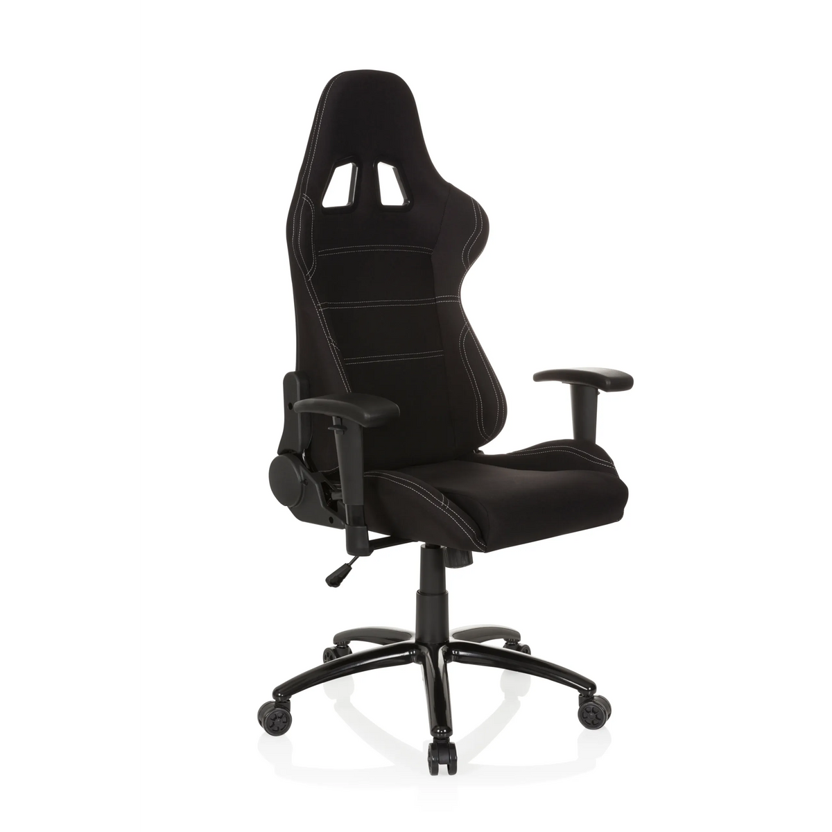 Sedia da gaming nera GAME FORCE con poggiatesta, braccioli e base a cinque ruote di hjh OFFICE – vista a 360° (vista frontale a tre quarti 40°)