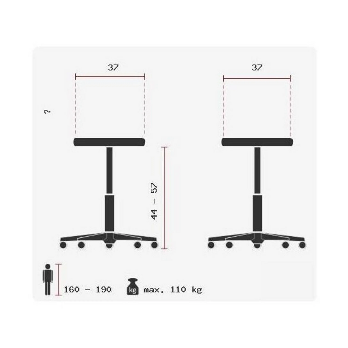 Disegno tecnico dell'Ausilio per la posizione eretta SITNESS BOB WHITE con un'altezza della seduta da 44 a 57 cm di Topstar