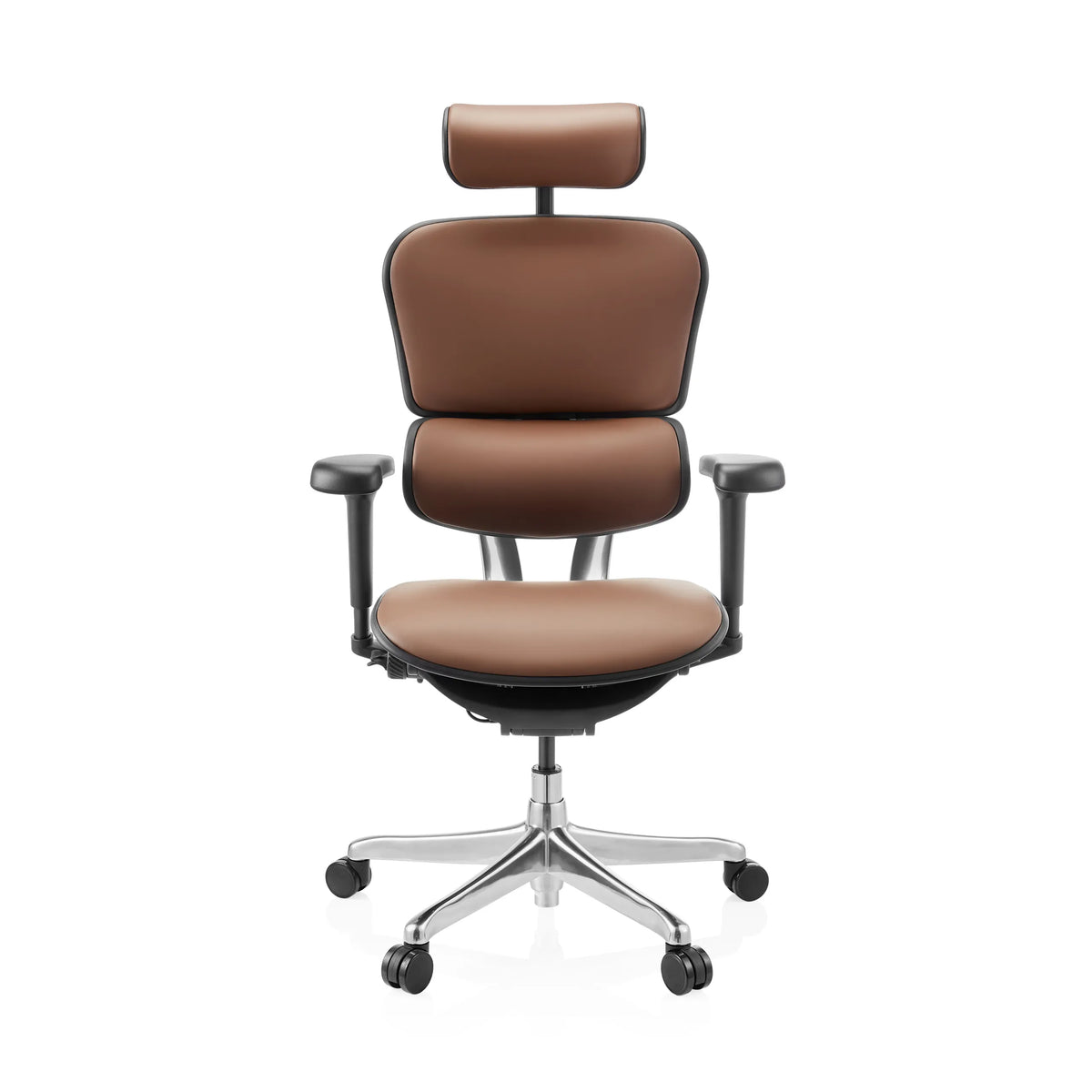 Poltrona di lusso ERGOHUMAN ULTRA L GEN2 marrone in pelle con poggiatesta e base a cinque ruote di hjh OFFICE – vista a 360° (vista frontale 0°)