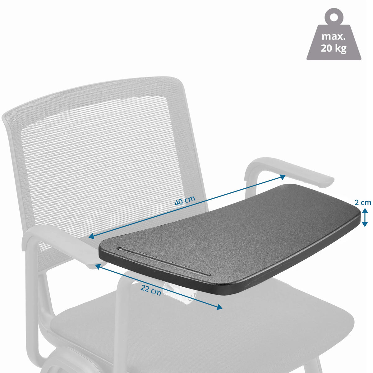 Maßansicht des Schreibtabletts MEET WA mit 40 × 22 cm und maximal 20 kg Belastung von hjh OFFICE