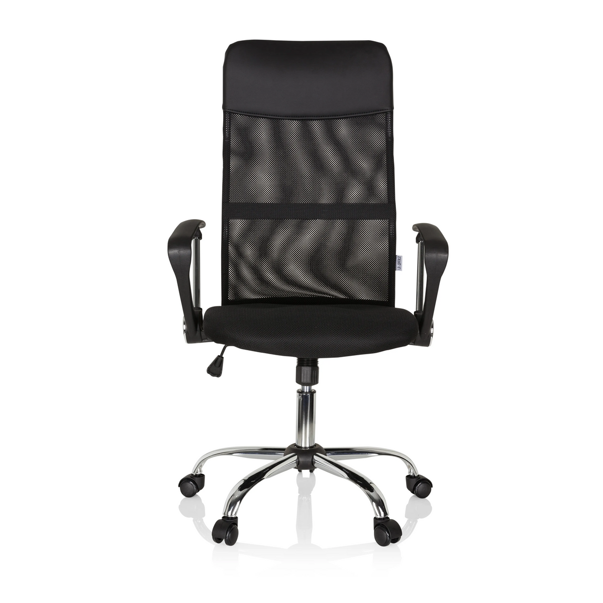 Schwarzer Homeoffice-Chefsessel PURE NET mit Netzrücken und Fußkreuz mit fünf Rollen von hjh OFFICE – 360-Grad-Ansicht (Frontansicht 0°)