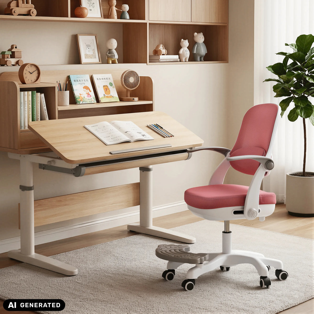 Sedia girevole per bambini Kiddy Smart Step rosa a una scrivania regolabile in altezza di hjh OFFICE (immagine generata dall’IA)