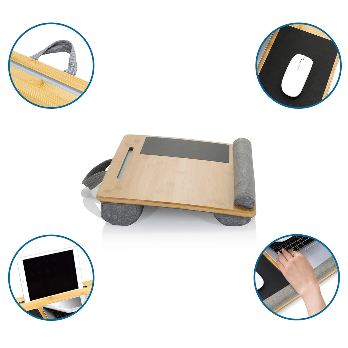 Supporto per laptop COMFILAP in bambù con maniglia grigia, tappetino per mouse e poggia polsi di hjh OFFICE