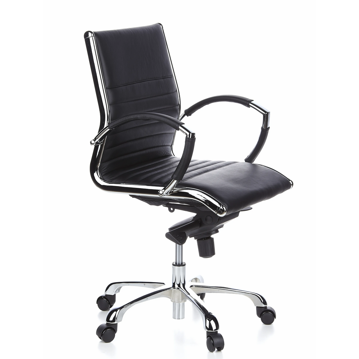 Poltrona professionale PARMA 10 nera con cuciture trasversali e base lucida a cinque ruote di hjh OFFICE – vista a 360° (vista frontale a tre quarti 60°)