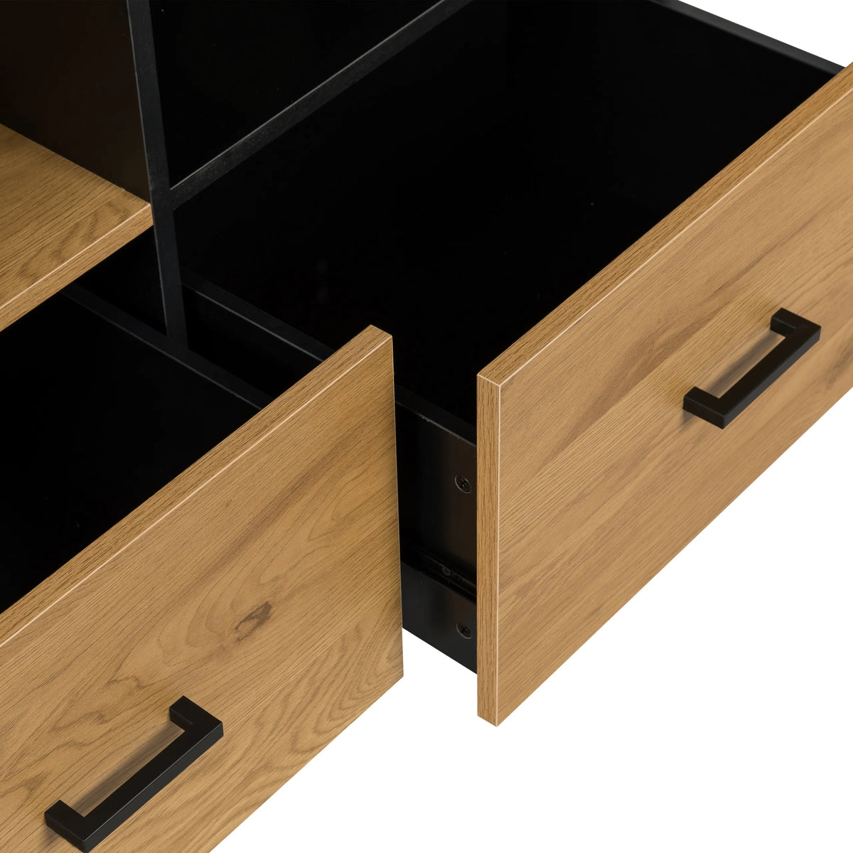 Cassetti aperti con maniglie nere del classificatore AMIO H in nero e rovere di hjh LIVING