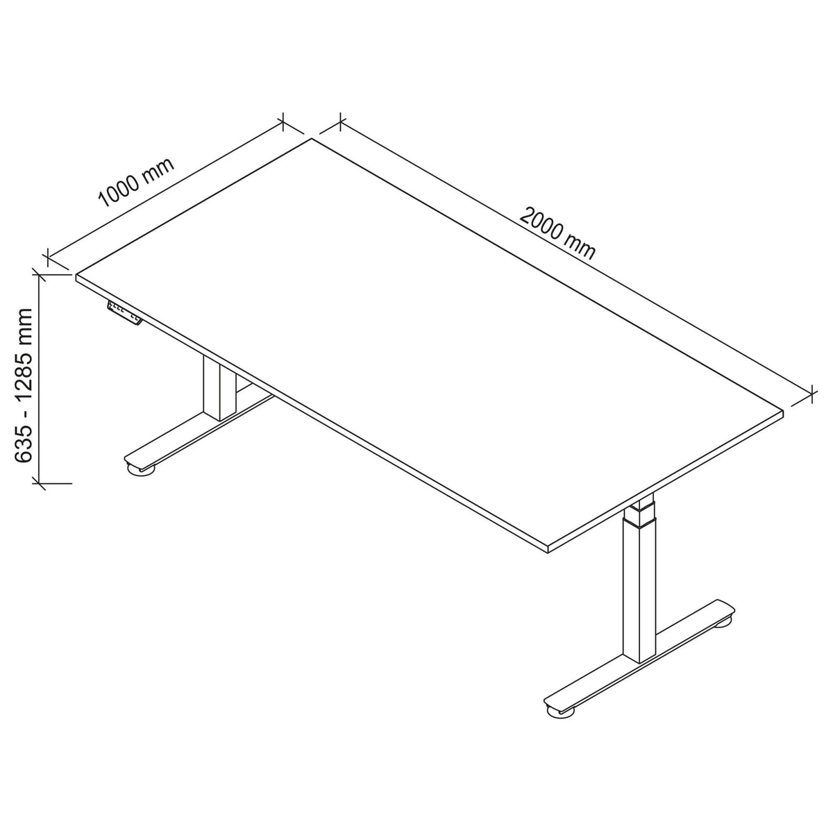 Disegno tecnico della scrivania XDSM 2E G con dimensioni 2000 x 1000 mm di hjh OFFICE PRO