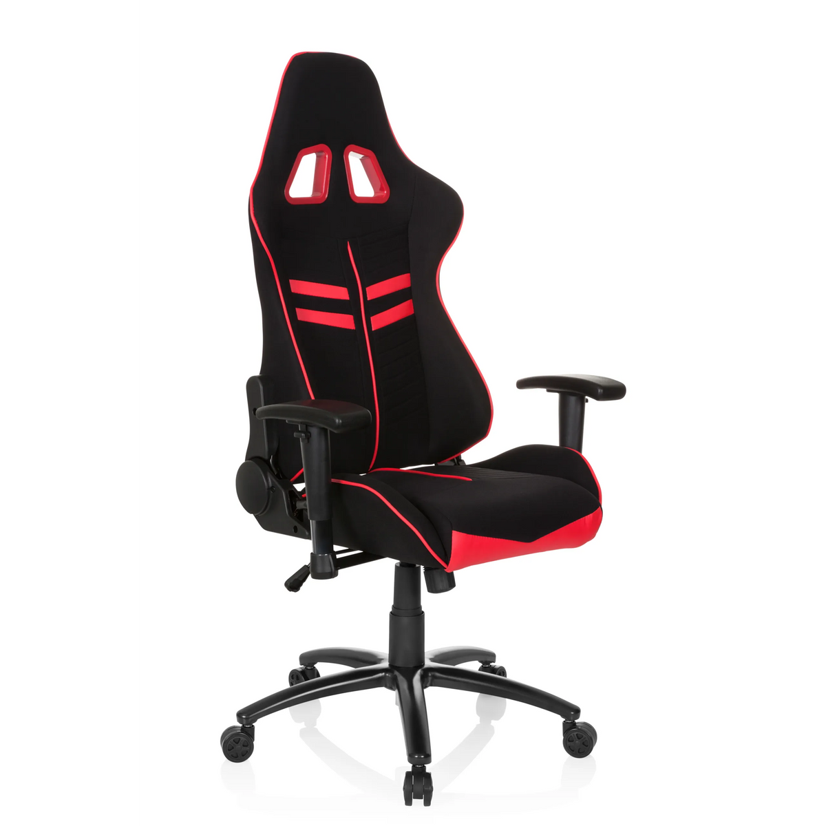Sedia da gaming LEAGUE PRO I nero-rossa con due aperture per il poggiatesta e base a cinque ruote di hjh OFFICE – vista a 360° (vista frontale a tre quarti 40°)