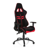 Sedia da gaming LEAGUE PRO I nero-rossa con due aperture per il poggiatesta e base a cinque ruote di hjh OFFICE – vista a 360° (vista frontale a tre quarti 40°)
