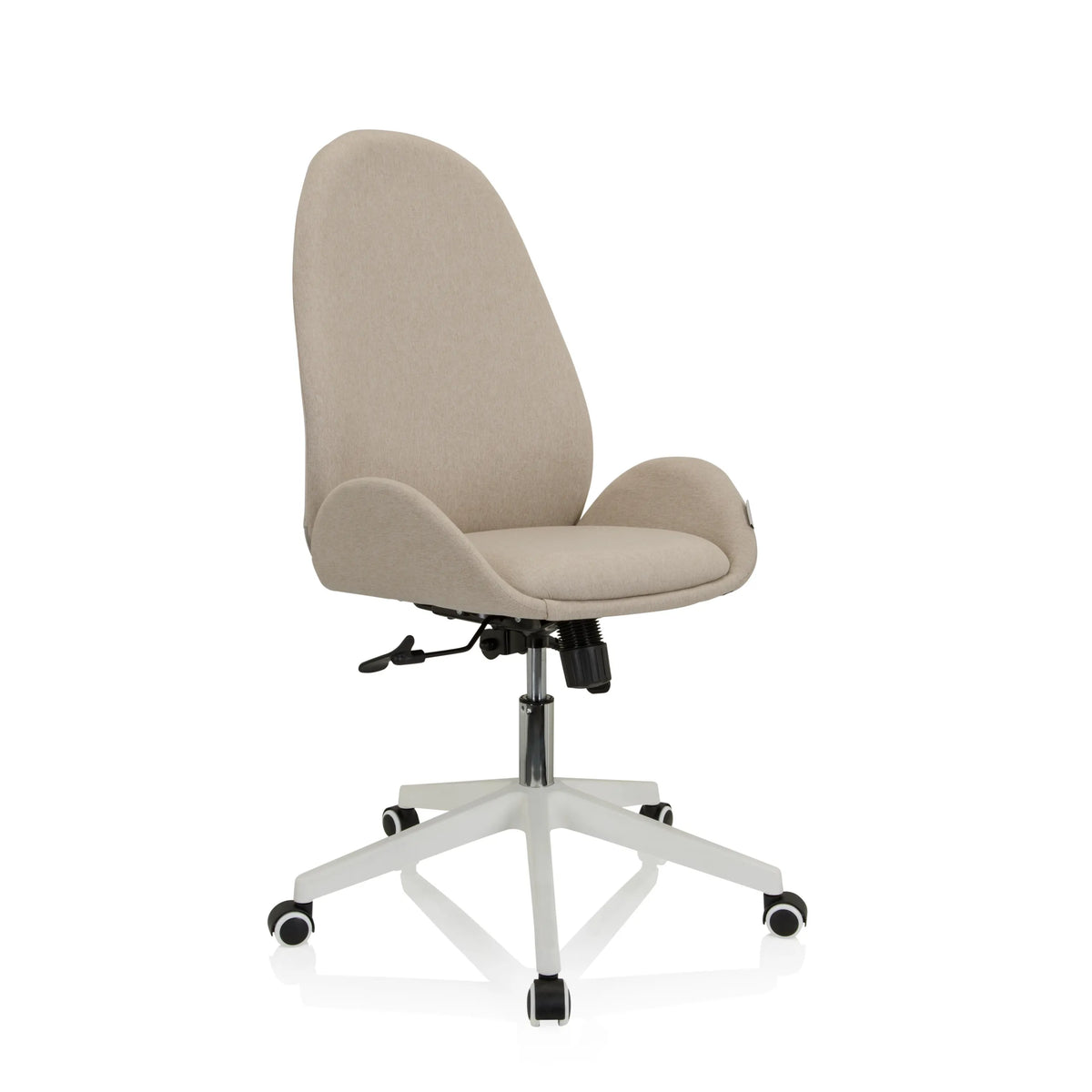Sedia Home Office AVEA I beige con braccioli e base bianca a cinque ruote di hjh OFFICE – vista a 360° (vista frontale a tre quarti 40°)