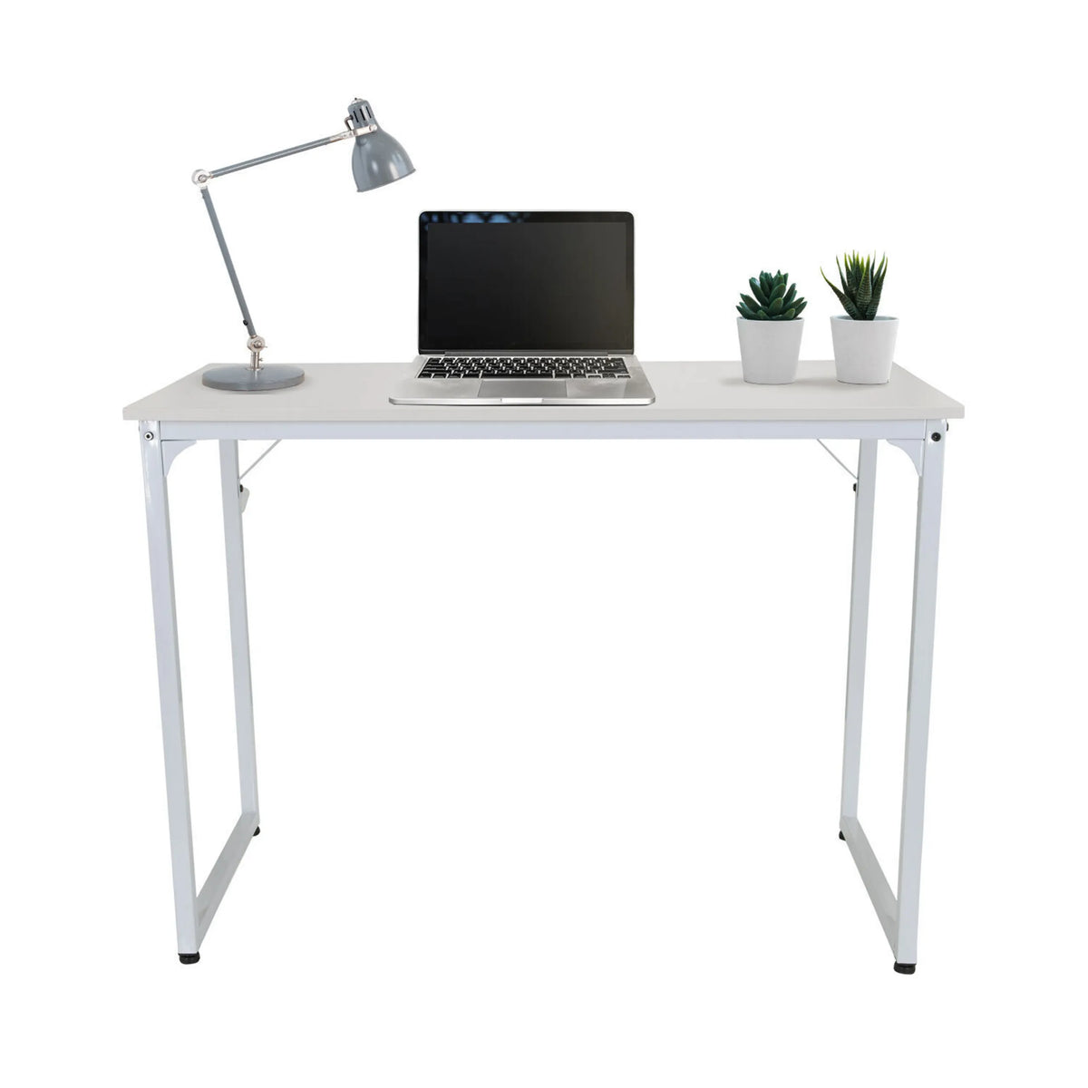 Scrivania bianca WORKSPACE I di 100 x 50 cm con laptop, lampada e piante di hjh OFFICE