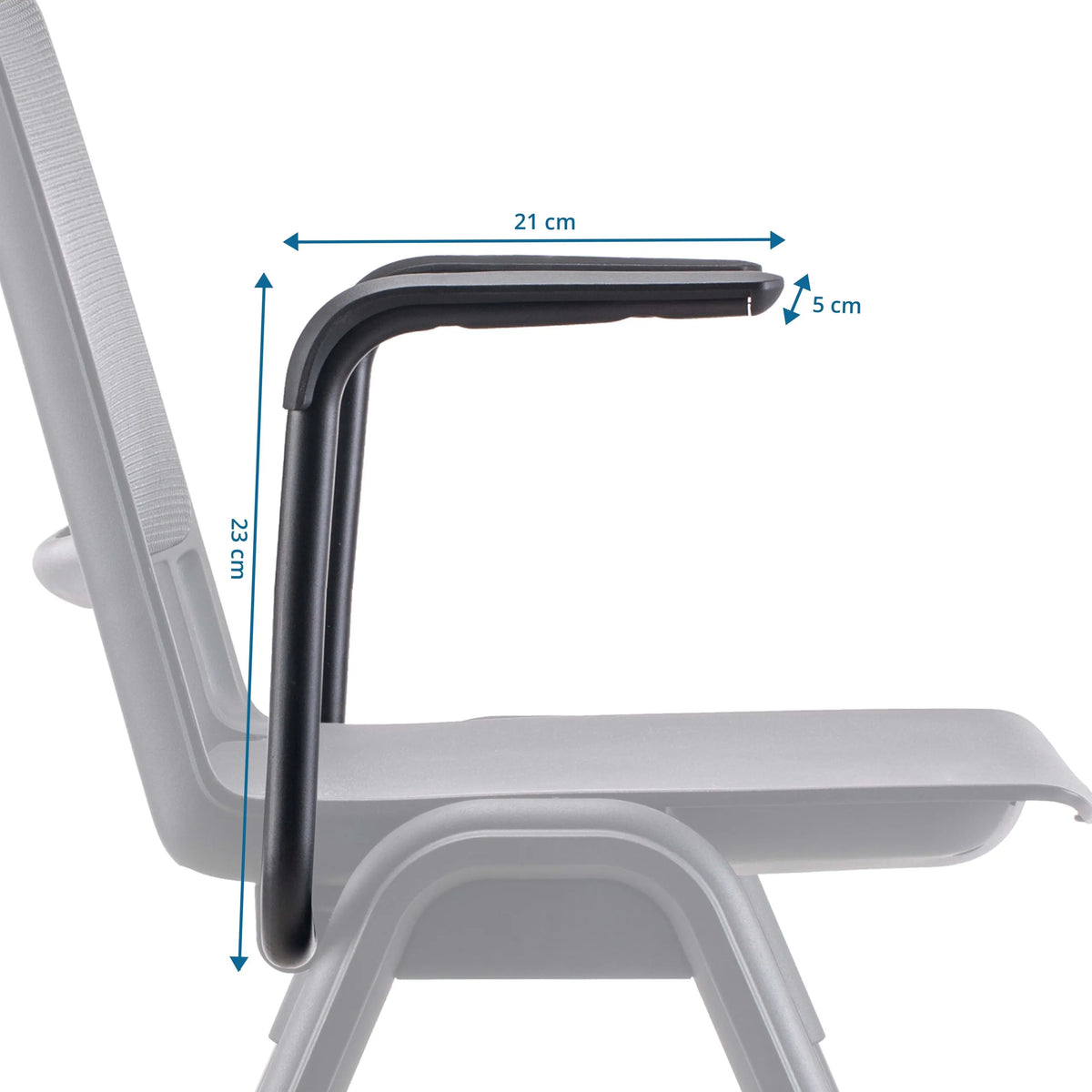 Disegno tecnico del Bracciolo MEET WA con una lunghezza di 21 cm e un'altezza di 23 cm di hjh OFFICE