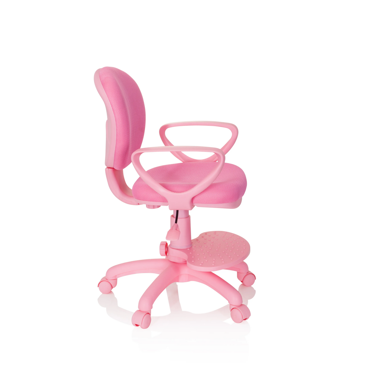 Rosa Kinderdrehstuhl KID COLOUR mit Armlehnen und Fußkreuz mit fünf Rollen von hjh OFFICE – 360-Grad-Ansicht (Seitenprofil 80°)