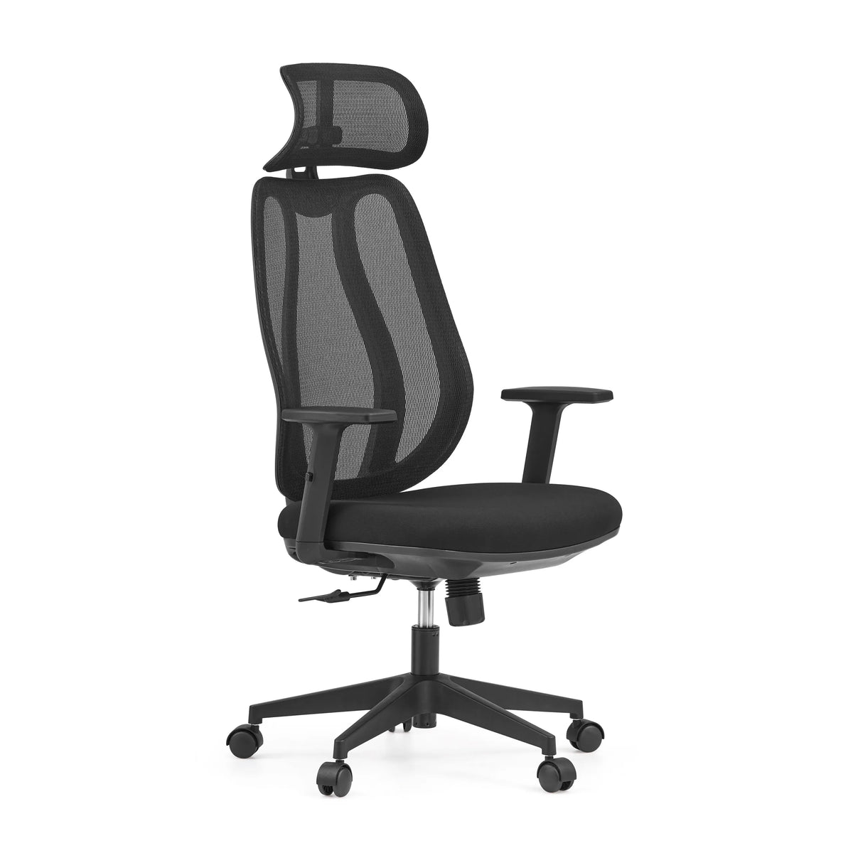 Sedia da ufficio professionale Filaro nera con schienale in rete, poggiatesta e base a cinque ruote di hjh OFFICE – vista a 360° (vista frontale a tre quarti 45°)