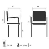 Disegno tecnico della sedia visitatore BORNE con un'altezza della seduta di 44 cm di hjh OFFICE