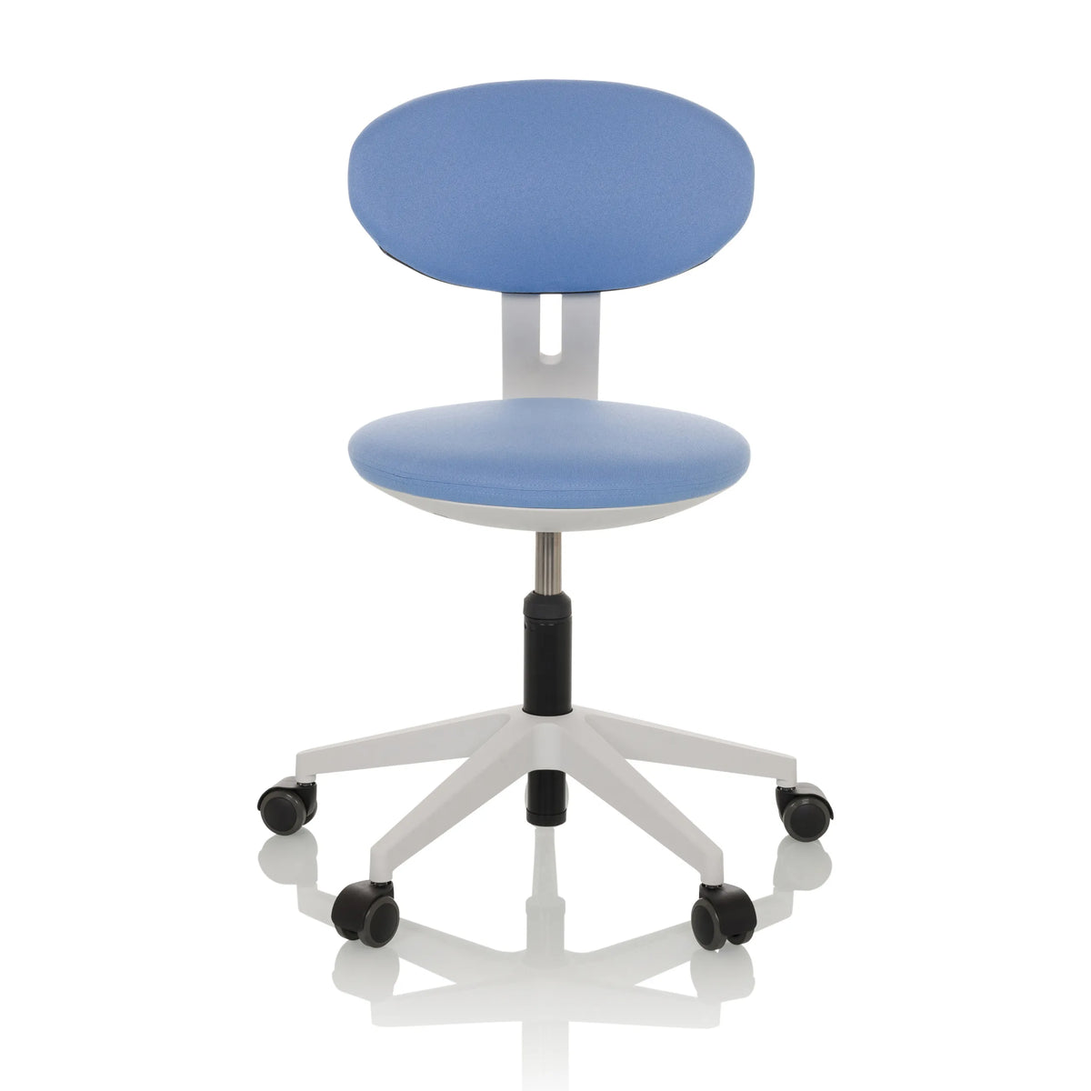 Sedia girevole per bambini MINIMOVO blu con base bianca e cinque rotelle di hjh OFFICE – vista a 360° (vista frontale 0°)