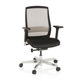 High-end Sedia da ufficio FOUNTAINE nera con schienale in rete e base a cinque ruote di hjh OFFICE – vista a 360° (vista frontale 20°)