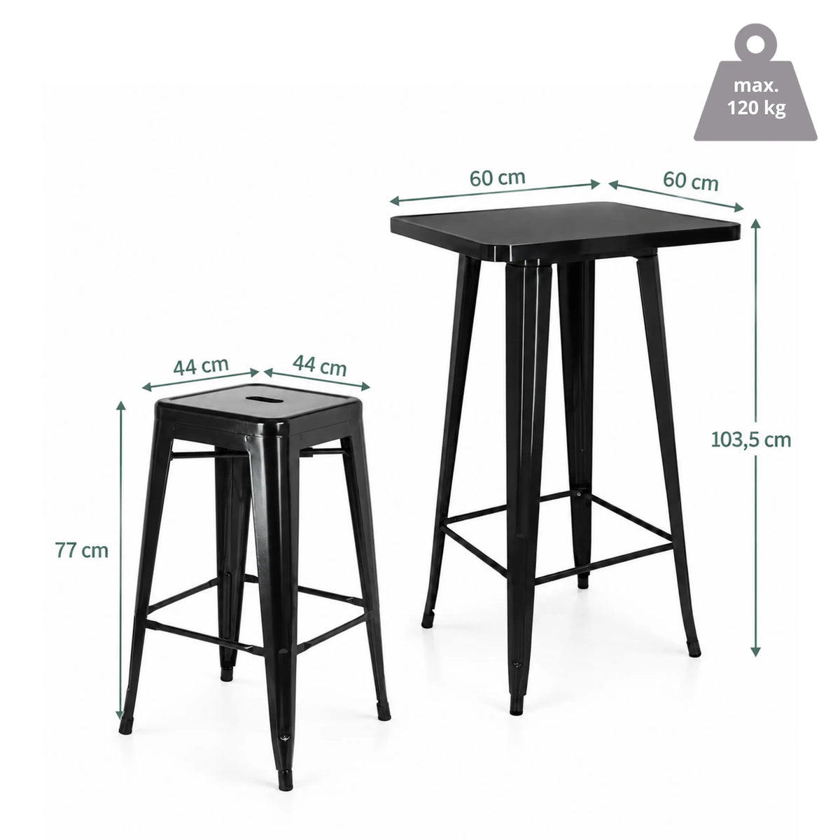 Disegno tecnico del set bar Vantaggio Set con un tavolo di 60 × 60 cm e un'altezza di 103,5 cm di hjh OFFICE