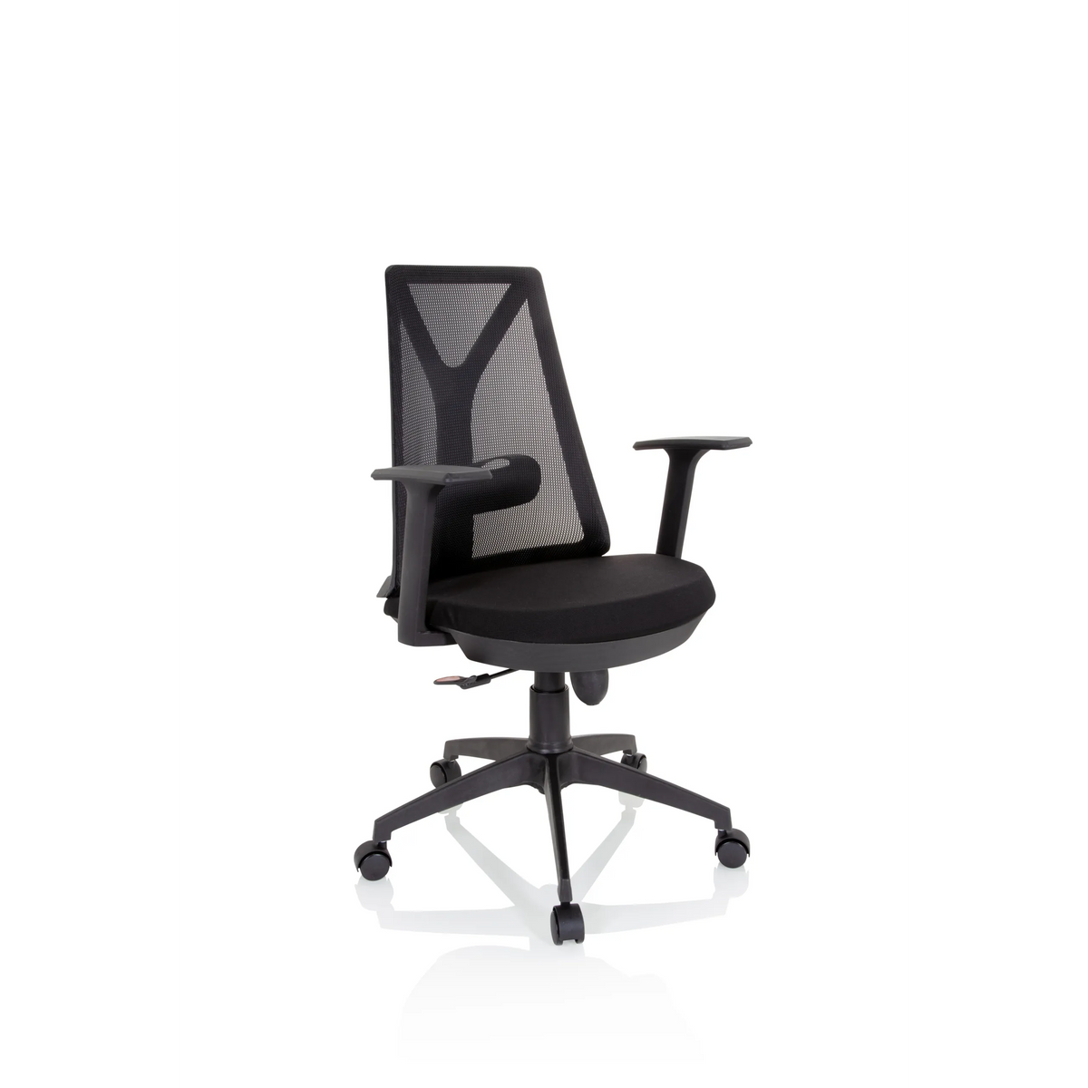 Sedia Home Office FALUN BASIC nera con schienale in rete e base a cinque ruote di hjh OFFICE – vista a 360° (vista frontale a tre quarti 40°)