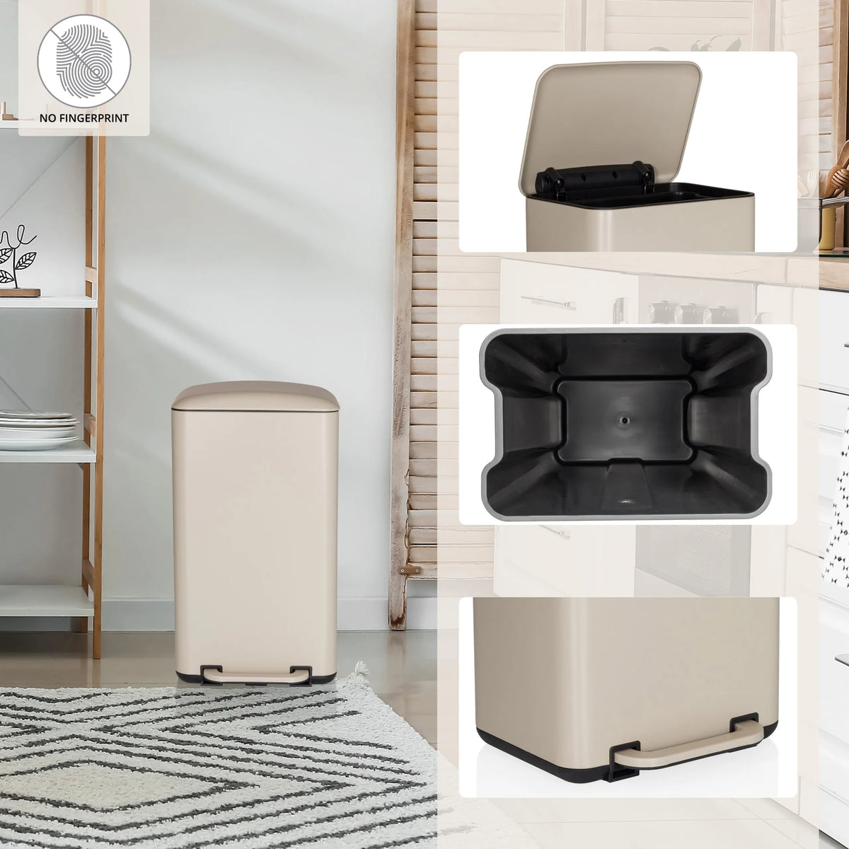 Cestino beige CLEAN BEVA con secchiello interno, coperchio aperto e pedale di hjh OFFICE