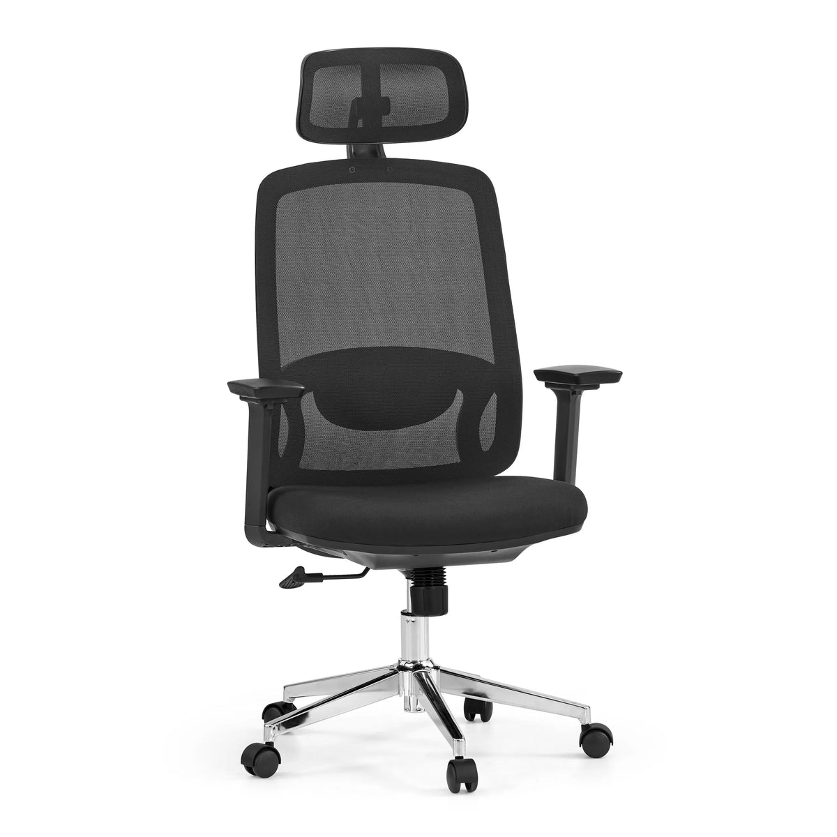 Sedia da ufficio professionale Ergosento nera con schienale in rete, poggiatesta e base a cinque ruote di hjh OFFICE – vista a 360° (vista frontale 15°)