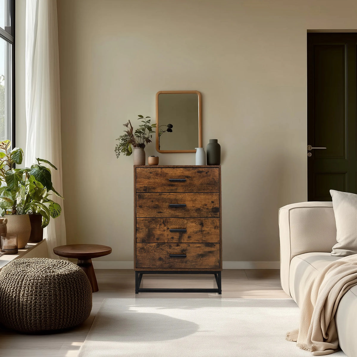 Cassettiera marrone VINSTRA con quattro cassetti e struttura in metallo nero di hjh LIVING
