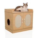 Cuccia per gatto KITTYHOME 2 in aspetto faggio con due porte, ingresso laterale e un gatto sulla superficie di hjh LIVING