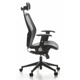 Sedia da ufficio professionale AIR-PORT nera con schienale in rete, seduta in pelle e base a cinque ruote di hjh OFFICE – vista a 360° (profilo laterale 80°)