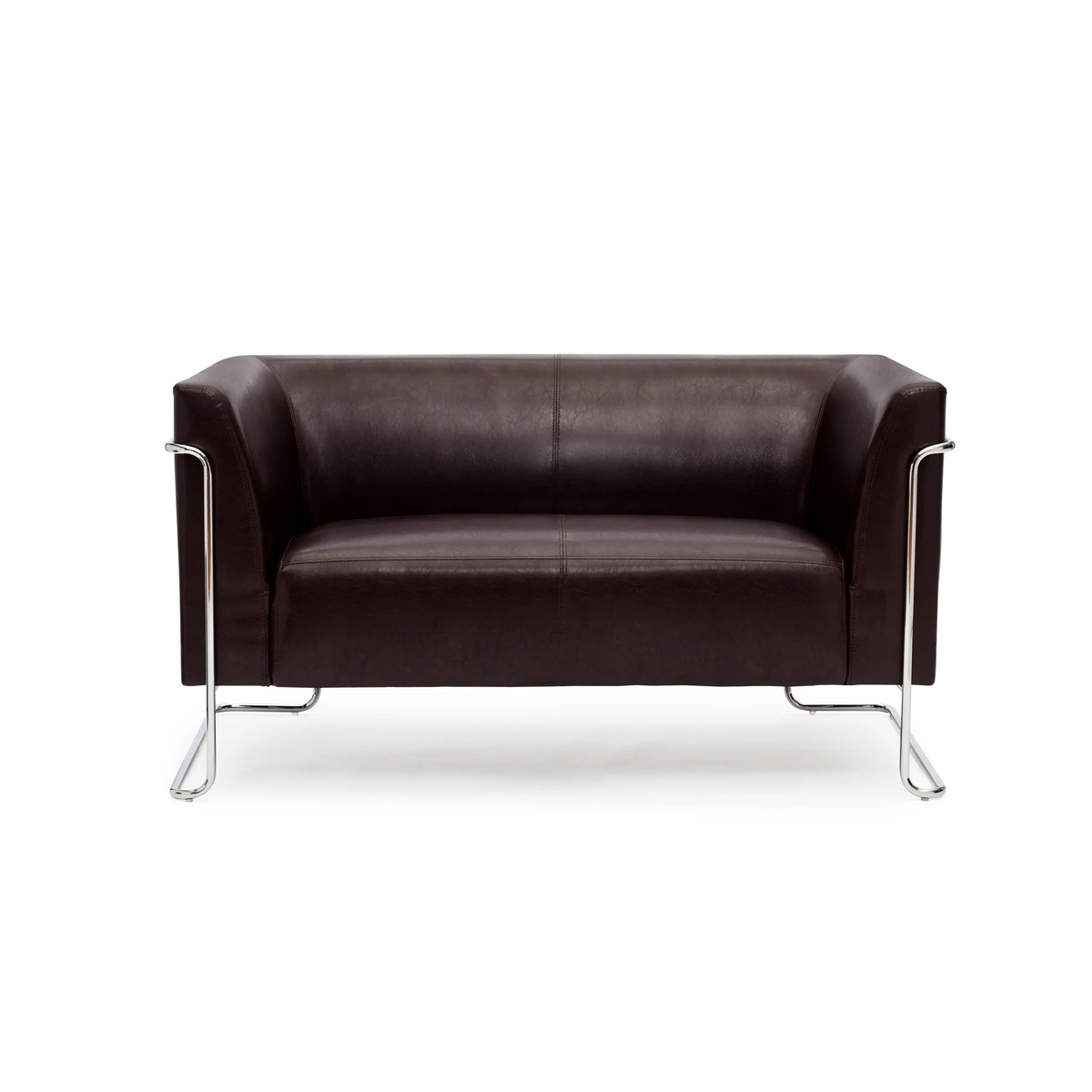 Sofà lounge marrone CURACAO a due posti con gambe in struttura metallica cromata di hjh OFFICE – vista a 360° (vista frontale 0°)