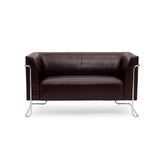 Sofà lounge marrone CURACAO a due posti con gambe in struttura metallica cromata di hjh OFFICE – vista a 360° (vista frontale 0°)