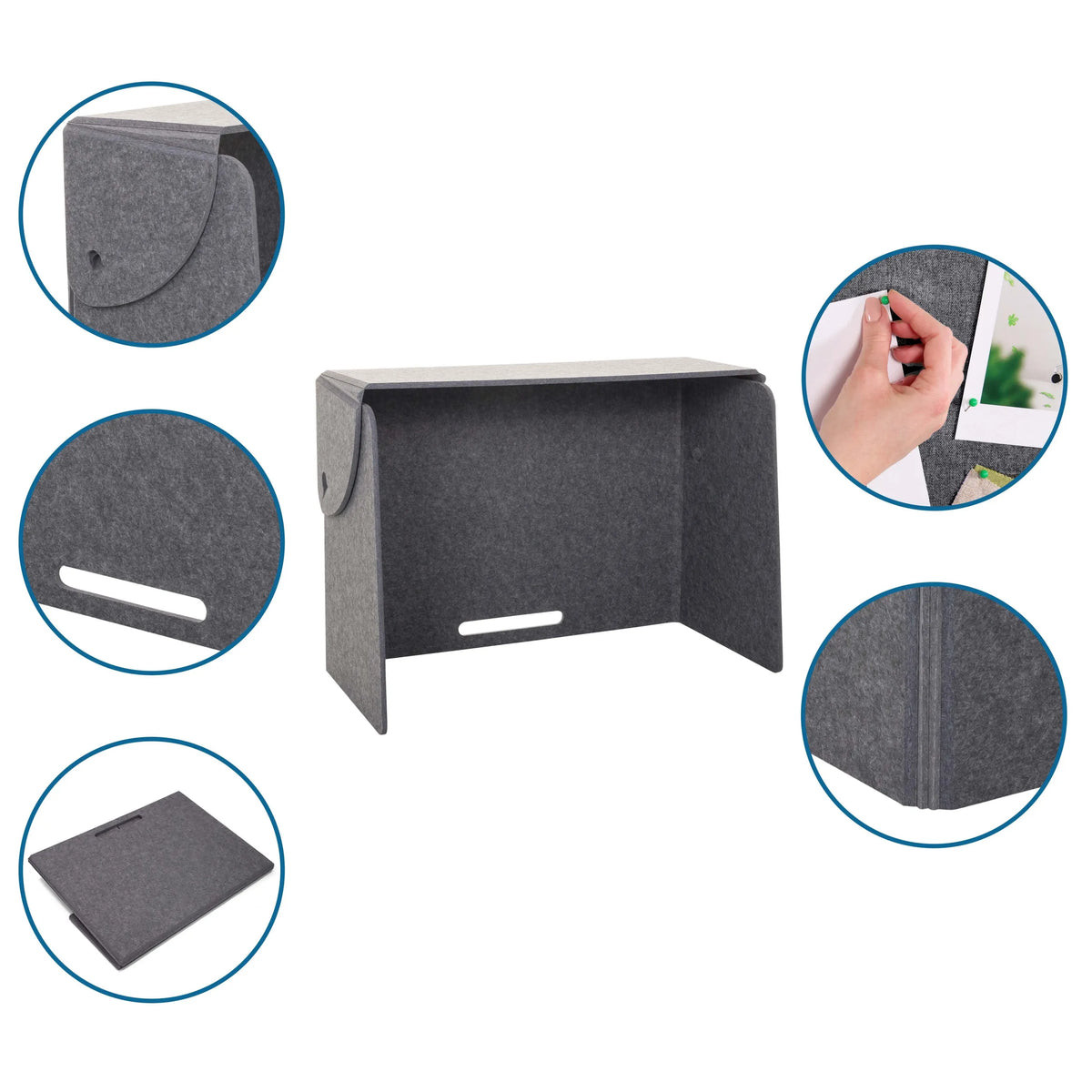 Divisorio per scrivania FLEXMIUT FOLD in feltro grigio con diverse viste dettagliate di hjh OFFICE