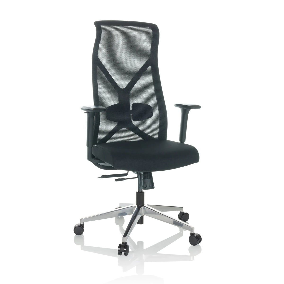 Sedia da ufficio professionale AZURRO B nera con schienale in rete e base a cinque ruote di hjh OFFICE – vista a 360° (vista frontale 15°)
