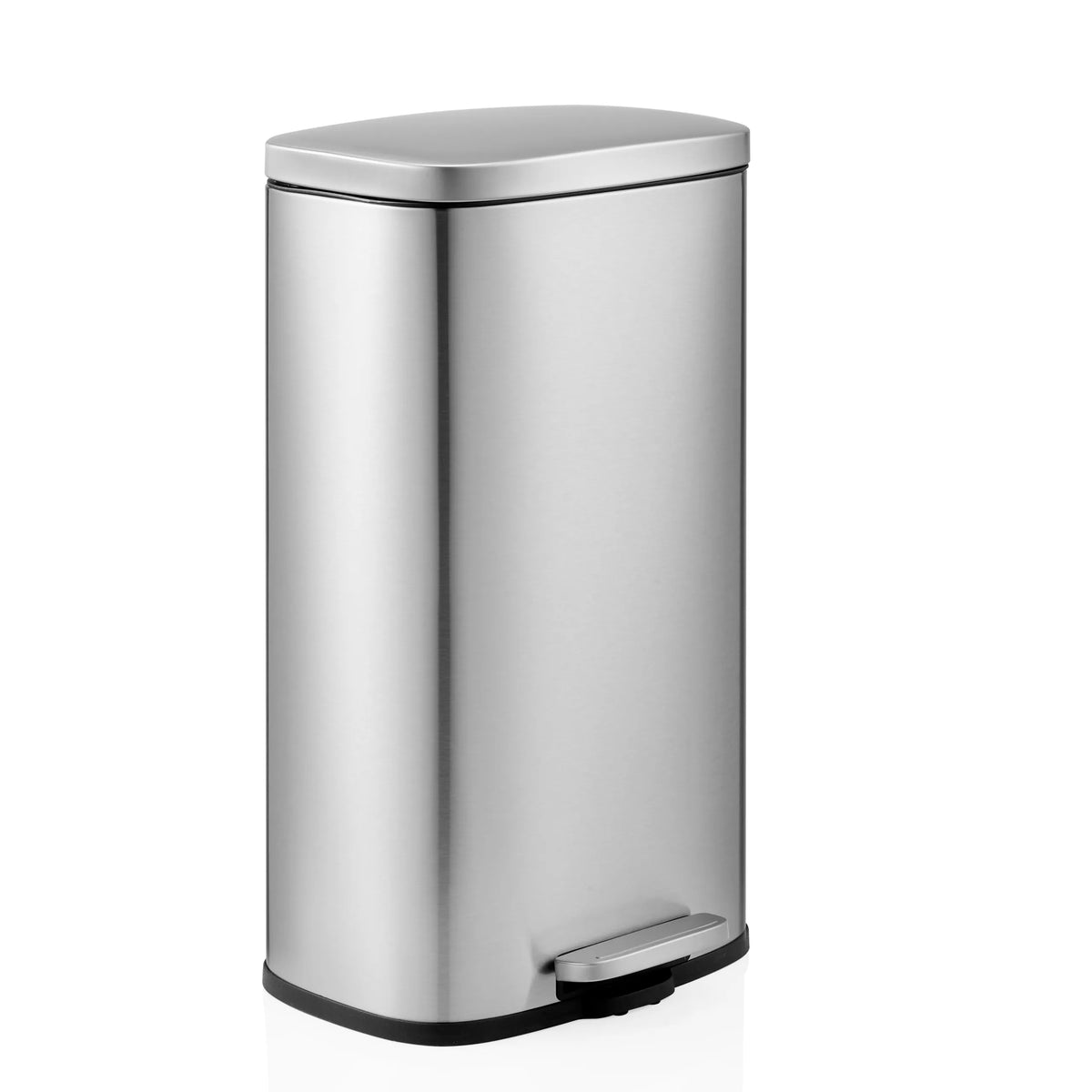 Cestino Clean 15 argentato con coperchio e pedale di hjh OFFICE – vista a 360° (vista frontale a tre quarti 45°)
