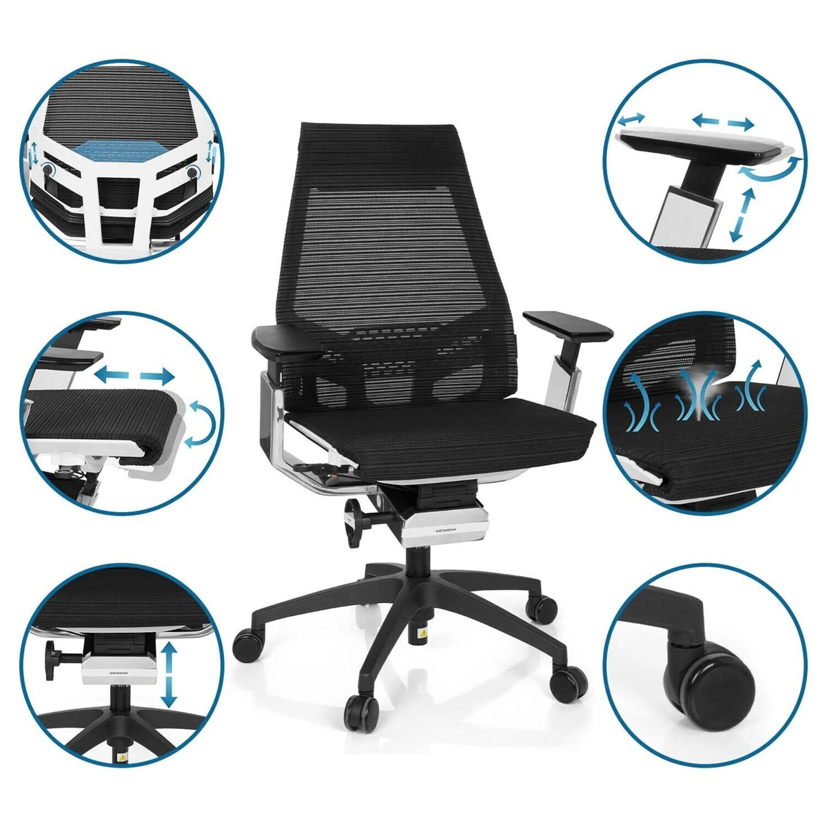 Sedia da ufficio professionale GENIDIA SMART WHITE CM in bianco e nero con schienale in rete e diverse possibilità di regolazione di hjh OFFICE