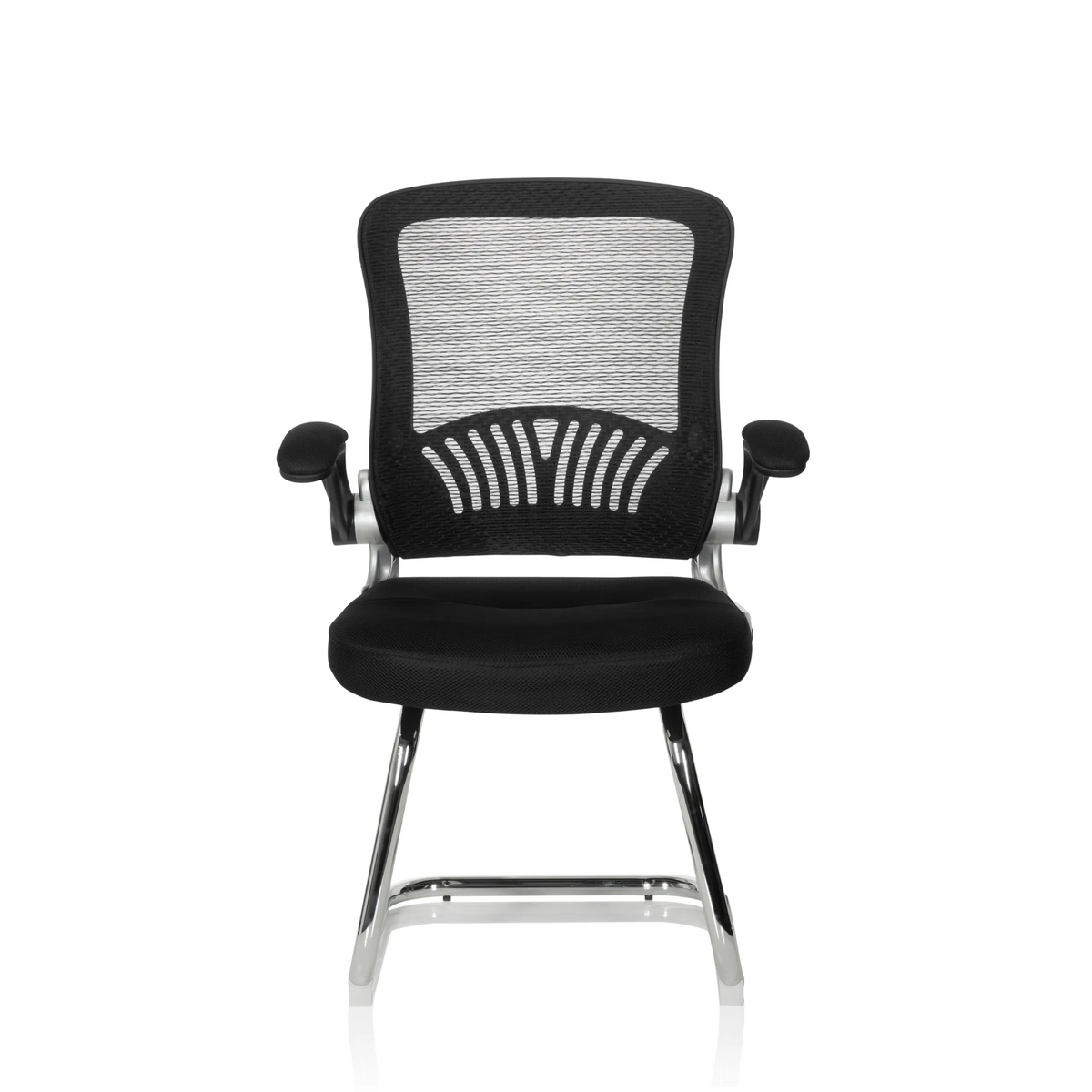 Sedia a sbalzo FLYER PRO V nera con schienale in rete, braccioli e base a slitta di hjh OFFICE – vista a 360° (vista frontale 0°)
