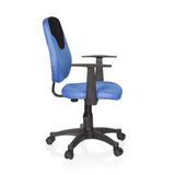 Sedia girevole per bambini KIDDY STYLE blu con schienale in rete, braccioli e base a cinque ruote di hjh OFFICE – vista a 360° (profilo laterale 80°)
