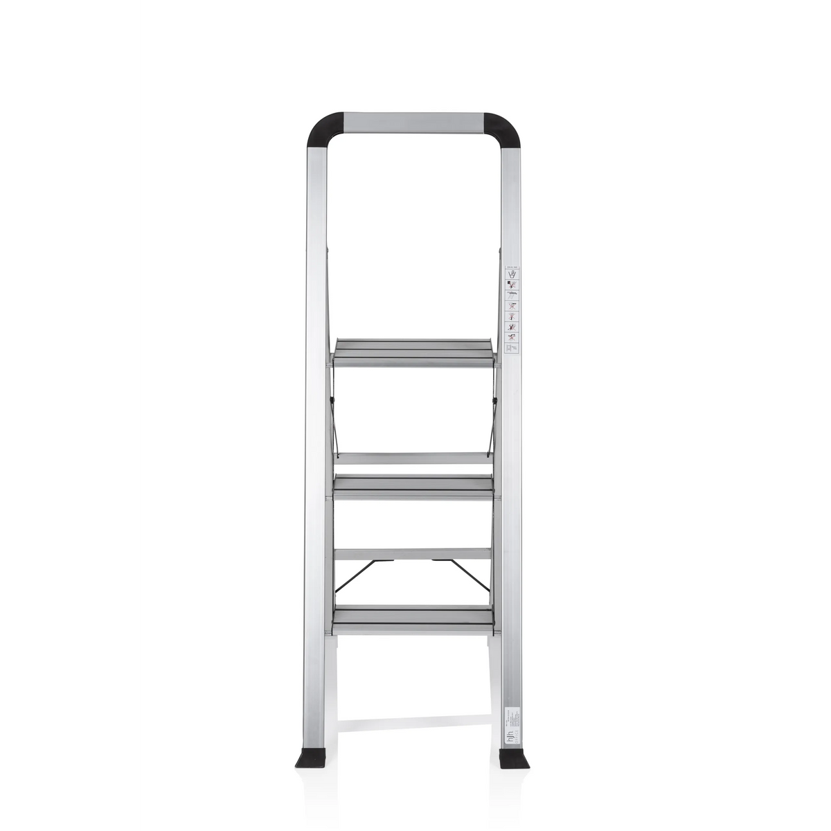 Scala richiudibile SOLID V in alluminio argentata con tre gradini e maniglia di hjh OFFICE – vista a 360° (vista frontale 0°)