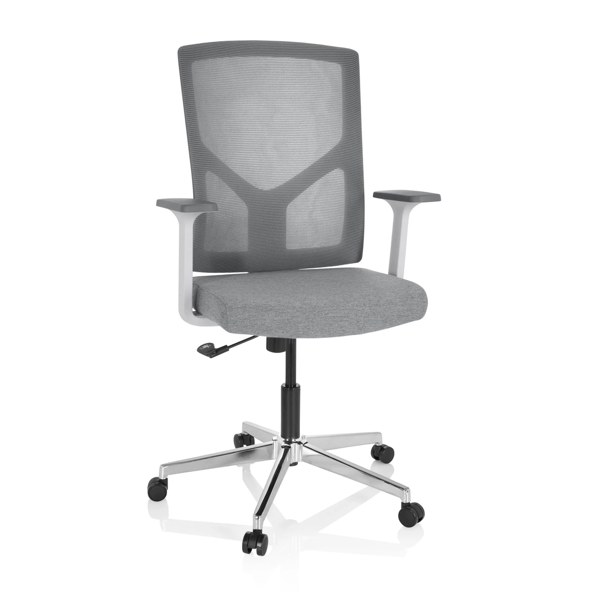 Sedia Home Office BRETON BASE W grigia con schienale in rete e base a cinque ruote di hjh OFFICE – vista a 360° (vista frontale 20°)
