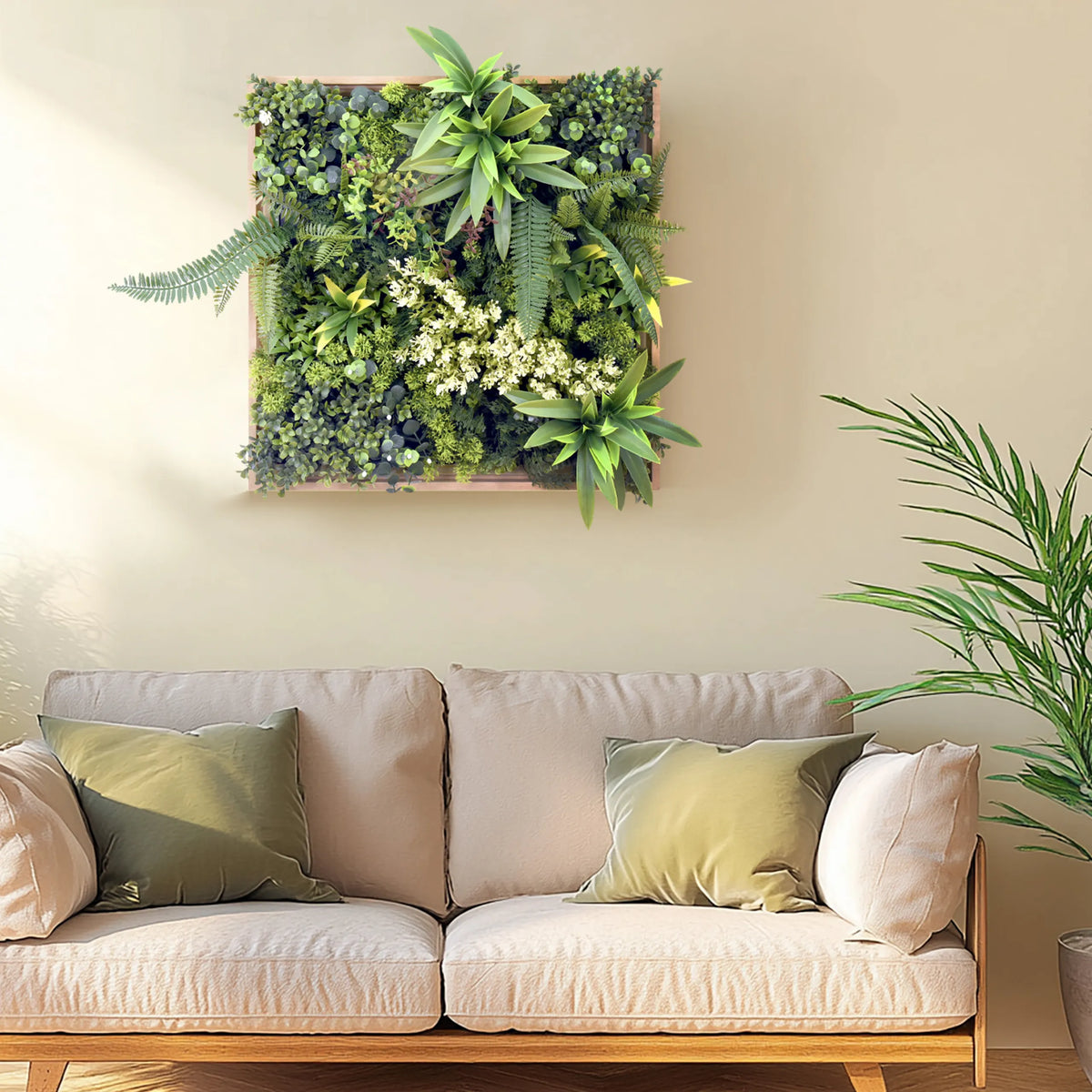Pannello vegetale verde LEAFLUXE WALL 1 come quadro quadrato a parete sopra un divano di hjh LIVING