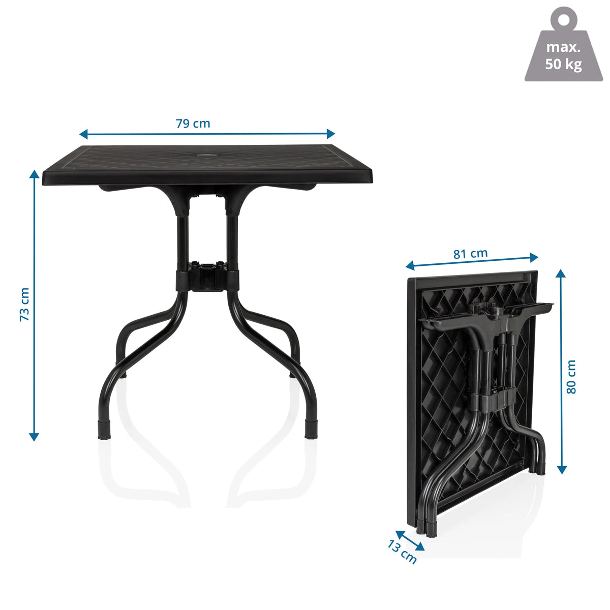 Disegno tecnico del Tavolo pieghevole TRAVANO T1 di 79 × 79 cm e un'altezza di 73 cm di hjh LIVING
